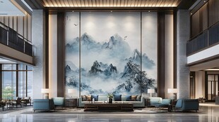中式大厅山水壁画装饰