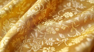 金色花纹丝绸面料特写