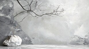 灰白墙面下的孤石与枝桠