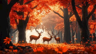 秋日枫林中的优雅鹿群