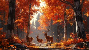 秋日森林中漫步的鹿群