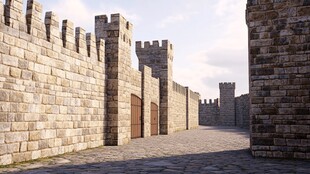 古老城堡城墙与石板路景观