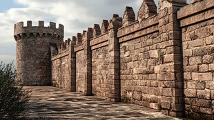 古老石砌城墙与塔楼景观