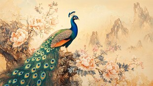 孔雀栖花图 山水添雅韵