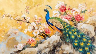 孔雀栖于繁花岩石间