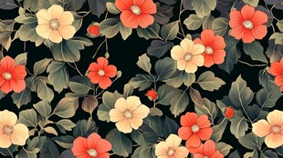 复古花卉图案 黑底繁花