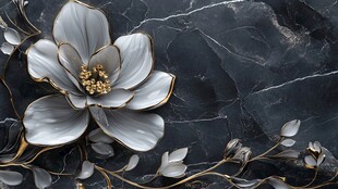 银灰玉兰花饰于黑纹背景