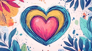 彩色爱心与植物水彩插画
