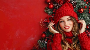 圣诞红衣美女的温馨瞬间