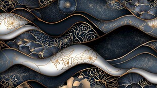 蓝金中式海浪花卉纹理图案