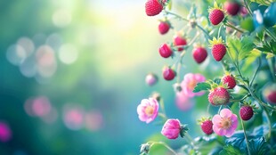 娇艳草莓与粉嫩花朵同框