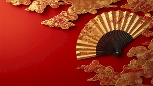 红底金饰折扇中式意境