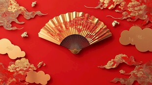 中式红底金饰折扇喜庆画面