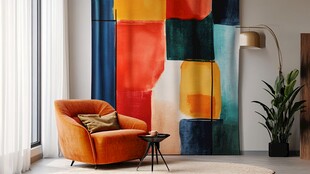 橙色沙发旁的多彩艺术墙