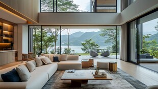 现代全景窗湖景客厅空间