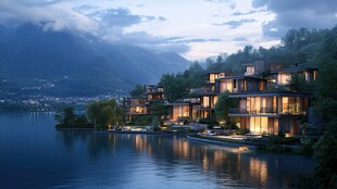 湖畔暮色中的奢华滨水别墅