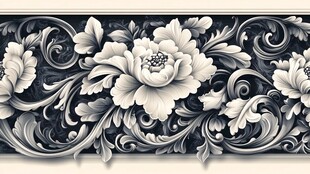 中式黑白牡丹花纹饰图案