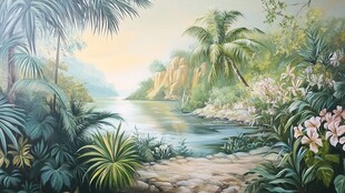 热带河畔风光手绘美景