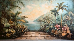 热带风情壁画中的石板小径