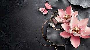 墨底粉莲伴蝶优雅景致