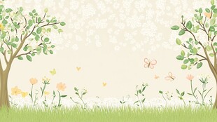 春日草地树木蝴蝶插画