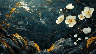 水墨风格玉兰花岩石景观