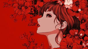 红发少女与繁花的梦幻画面