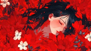 沉睡于红花中的梦幻少女