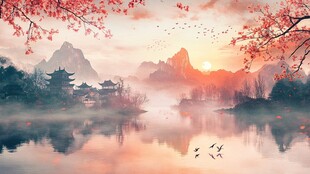夕阳下的山水诗意景致