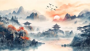 水墨山水间的诗意黄昏