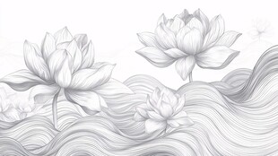 水墨风莲花与波浪线条画