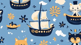 猫咪航海奇幻图案设计