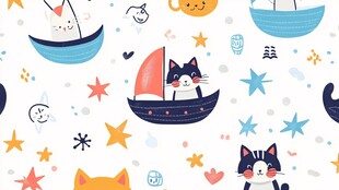 可爱猫咪航海主题无缝图案