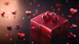 浪漫红礼盒与散落爱心