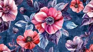 深蓝底绚丽花卉图案