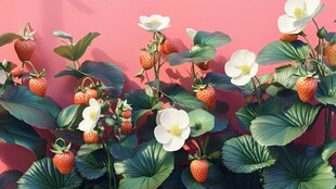 粉色背景下的草莓花卉景观