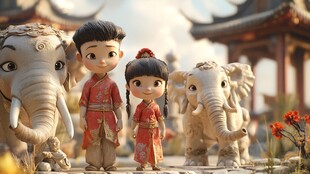 古装孩童与大象的奇幻场景