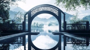 中式园林拱桥山水倒影图