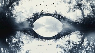 水墨拱桥倒影诗意画面