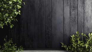 黑木板旁的绿植景致