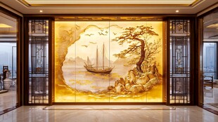 中式客厅金镶玉山水背景墙