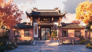 中式古风庭院黄昏美景