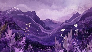 梦幻紫色山间花草美景