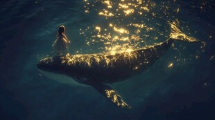少女与发光鲸鱼奇幻场景