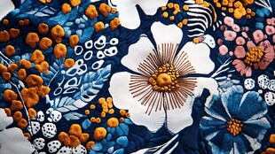 蓝底花卉刺绣图案细节