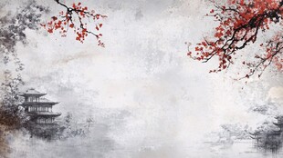 水墨古风景 红枝映楼阁