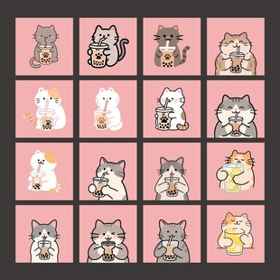 卡通手绘小猫喝珍珠奶茶