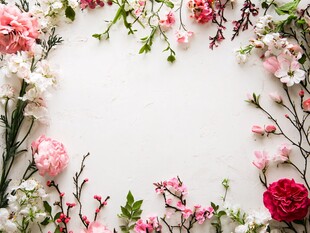 花卉环绕的纯净白色背景