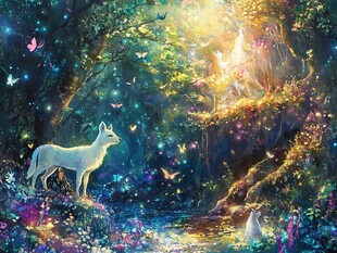 梦幻森林中的白狼与精灵