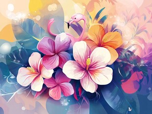 梦幻花卉与火烈鸟插画